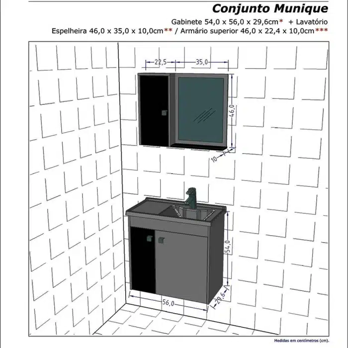 GABINETE MUNIQUE 56CM – PARA BANHEIRO COM CUBA E ESPELHO (RIPADO EM 3D)
