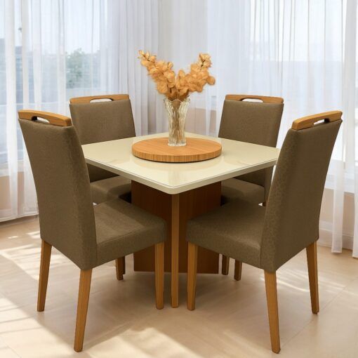 Mesa Los Angeles 90 Cinamomo/Off White com 4 Cadeiras Priscila Veludo Marrom