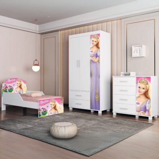 Kit Quarto Barbie GUARDA-ROUPA 4 PORTAS LIVIA + COMODA LIVIA + MINI CAMA JUVENIL LIVIA BARBIE