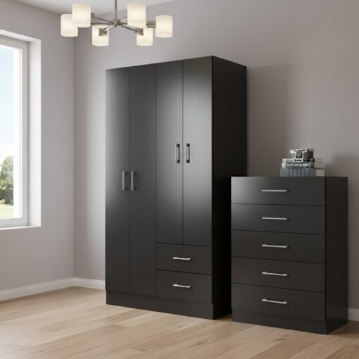 Kit GUARDA-ROUPA 4 PORTAS PANAMA 4002 90 cm + COMODA 5 GAVETAS ARUBA PRETO
