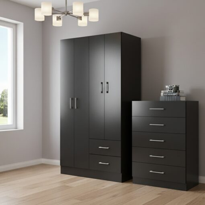 Kit GUARDA-ROUPA 4 PORTAS PANAMA 4002 90 cm + COMODA 5 GAVETAS ARUBA PRETO
