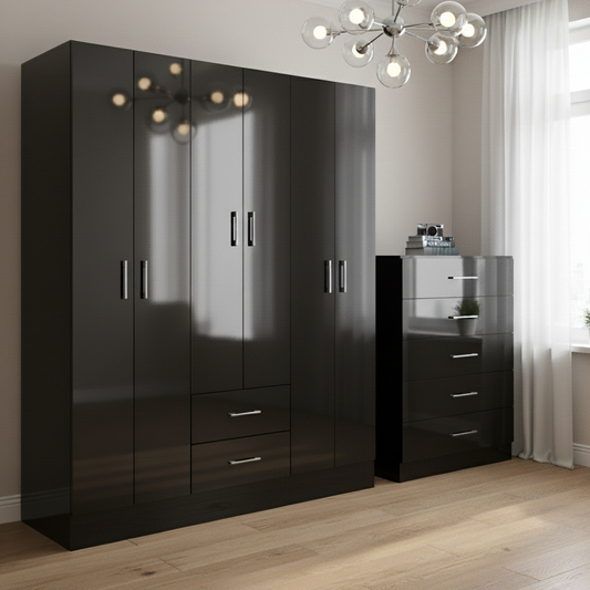 Kit Guarda-Roupa 6 Portas Jamaica 6002 134 cm + Cômoda 5 Gavetas Aruba Preto